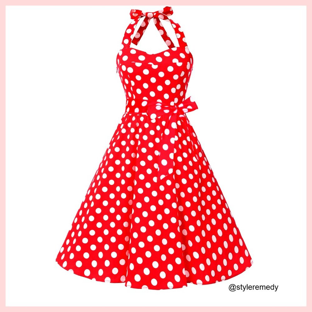 Vintage Polka Halter Cocktail Dress with Detachable Belt Lace Back